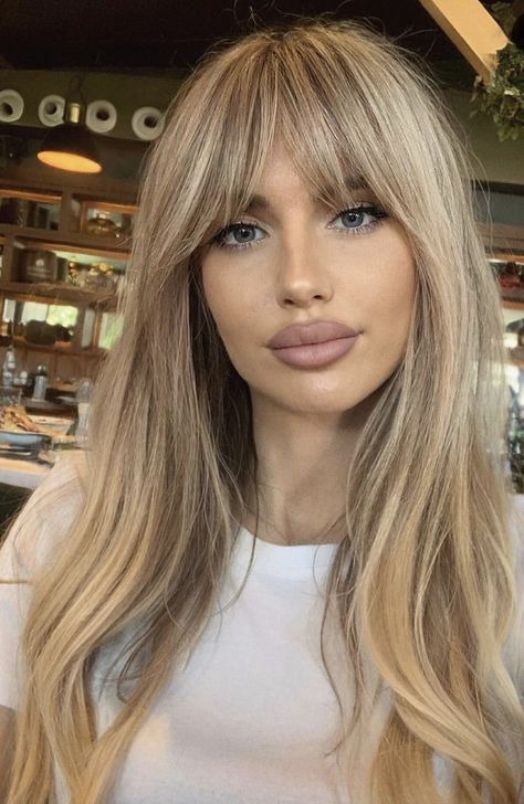 Blonde Hair Balayage With Bangs, Blonde Highlights On Brown Hair With Curtain Bangs, Wispy Curtain Bangs Medium Hair Layers, Hair 2024 Fall Trends, Blonde Hair Fringe Bangs, Draped Bangs, Bangs With Medium Hair Blonde, Haircuts For Long Hair 2024, Bangs With Blonde Hair