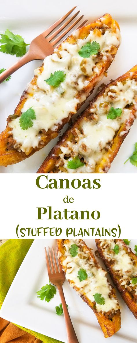 Sweet Plantain Boats, Stuffed Plantains Ground Beef, Cheese Stuffed Plantains, Stuffed Plantains Puerto Rico, Stuff Plantain Recipes, Dominican Plantain Recipes, Stuffed Sweet Plantain Recipes, Plantain And Sweet Potato Recipes, Baked Plantain Recipes