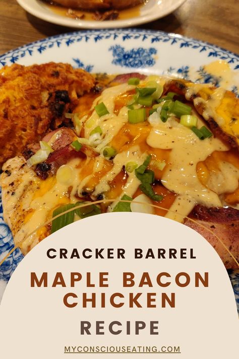 Maple glazed chicken with bacon Crackle Barrel Maple Bacon Chicken, Cracker Barrel Maple Glazed Chicken, Maple Bacon Chicken Recipe, Cracker Barrel Maple Bacon Chicken Copycat Recipe, Maple Bacon Chicken Cracker Barrel, Maple Bacon Grilled Chicken, Bacon Dishes Dinners, Cracker Barrel Maple Bacon Chicken, Bacon Chicken Recipes