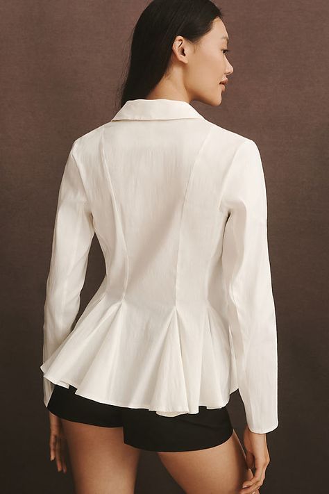 Linen, polyamide, elastane Button front Dry clean Imported | Long-Sleeve Collared Linen Peplum Blouse by Anthropologie in White, Women's, Size: Large, Linen/Polyamide/Elastane Button Down Shirts For Women, Peplum Shirt, Anthropologie Uk, Peplum Shirts, Zip Collar, Nyc Shopping, Soft Classic, Peplum Blouse, Dress Shirts For Women