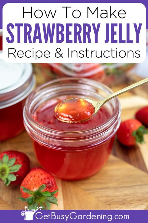 a tiny glass mason jar with strawberry jelly inside with a gold spoon Strawberry Jelly Recipe Canning, Strawberry Jelly Recipe, Homemade Strawberry Jelly, Canning Jelly Recipes, Strawberry Jelly Recipes, Toast Dessert, Sandwiches Breakfast, Canning Jam Recipes, Diy Jelly