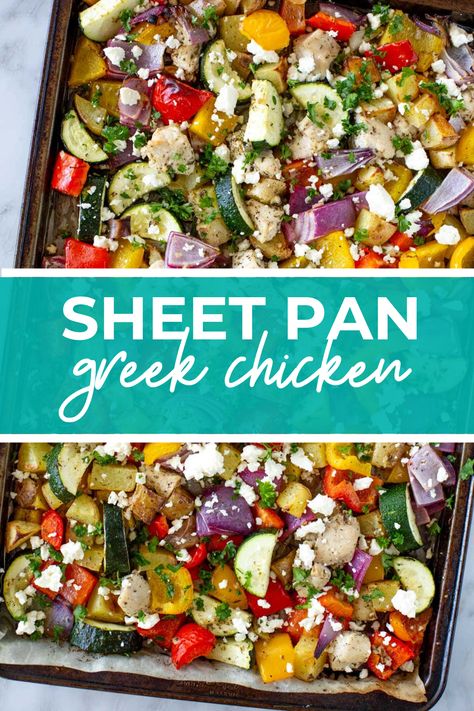 Sheet Pan Greek Chicken {Meal Prep} Chicken Bake With Veggies, Sheet Pan Chicken Mediterranean, Sheet Pan Summer Dinners, Meal Prep Sheet Pan Meals, Greek Chicken And Veggies Sheet Pan, Easy Healthy Dinner Sheet Pan, Sheet Pan Seasoning, Sheet Pan Dinners Greek, Chicken Veggies Sheet Pan