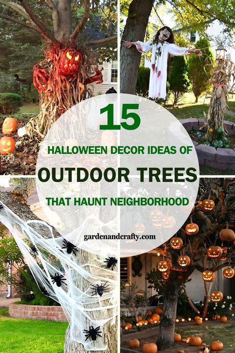 15 Spooktacular Halloween Decoration Ideas for Outdoor Trees Amazing Outdoor Halloween Decorations, Halloween Yard Tree Decorations, Hollowed Decorations Ideas Outside, Halloween Outdoor Bush Decorations, Diy Tree Halloween Decor, Halloween Outside Tree Decorations, Halloween Decorations For Trees Outside, Halloween Decorations For Bushes, Halloween Outdoor Tree Decor