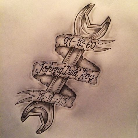 Memorial Tattoo Sketches, Memorial Wrench Tattoo, Mechanic Memorial Tattoo, Loved One Memorial Tattoo, Wrench Tattoo Design, Tools Tattoo Design, Diesel Mechanic Tattoo, Memorial Drawings, Diesel Mechanics Tattoo