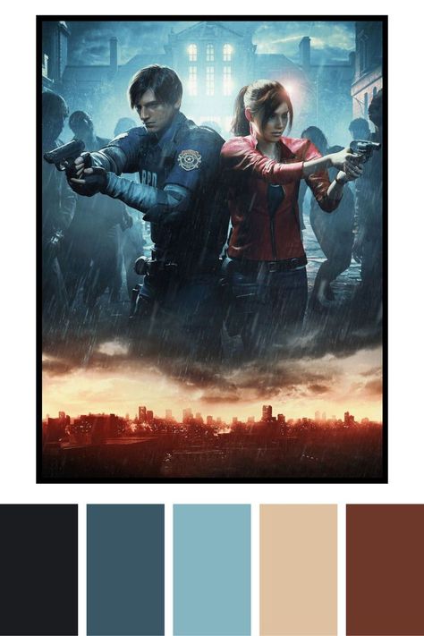 Color palette idea inspired by the video game Resident Evil 2 Evil Color Palette, 2 Color Palette, Names List, Resident Evil 2, Color Charts, Color Pallets, Resident Evil, Color Chart, Color Palettes