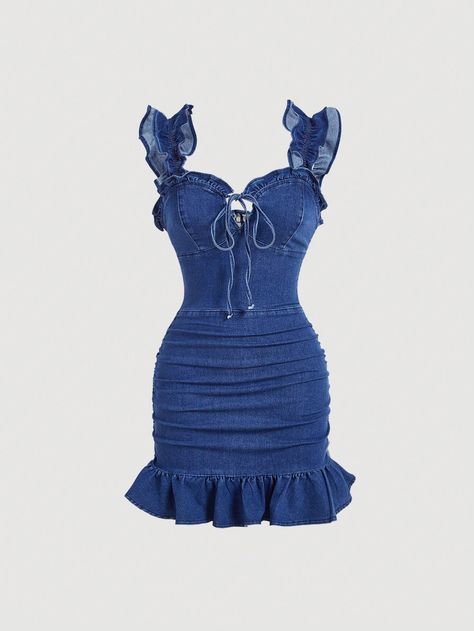 SHEIN MOD Women's Summer Fashionable Ruffle Hemline Bodycon Denim DressI discovered amazing products on SHEIN.com, come check them out! Fitted Denim Dress, Bubu Gown Styles, Chic Dress Classy, Womens Denim Dress, Spring Forward, Casual Day Outfits, Girls Hair Accessories, Kids Sleepwear, Denim Outfit