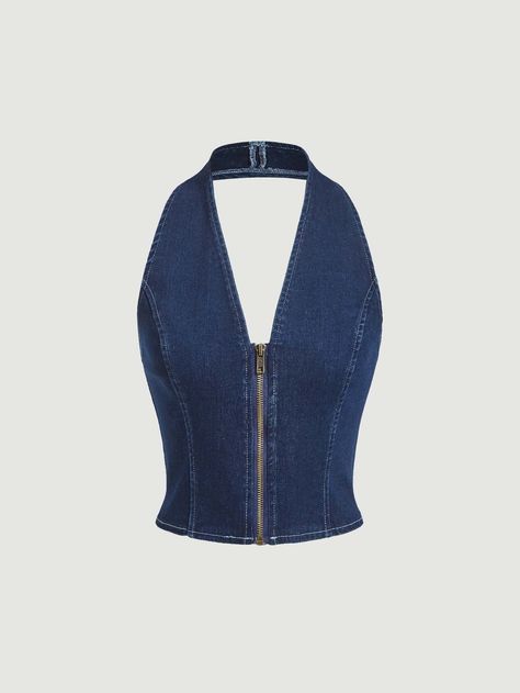 Zip Up Halter Neck Backless Denim Top Denim Top Outfit, Denim Halter Top, Street Style Outfits Casual, Denim Top Women, Denim Corset Top, Moda Denim, Denim Corset, Denim Crop Top, Mode Jeans