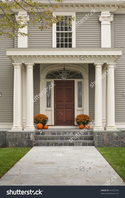 Front Door Of Home Showing Two Pillars With Arch And Twin ... Colonial Front Door, Porch Pillars, Portico Design, Custom Exterior Doors, Exterior Door Designs, Colonial House Exteriors, Exterior House Colors Combinations, Exterior House Paint Color Combinations, Colonial Exterior