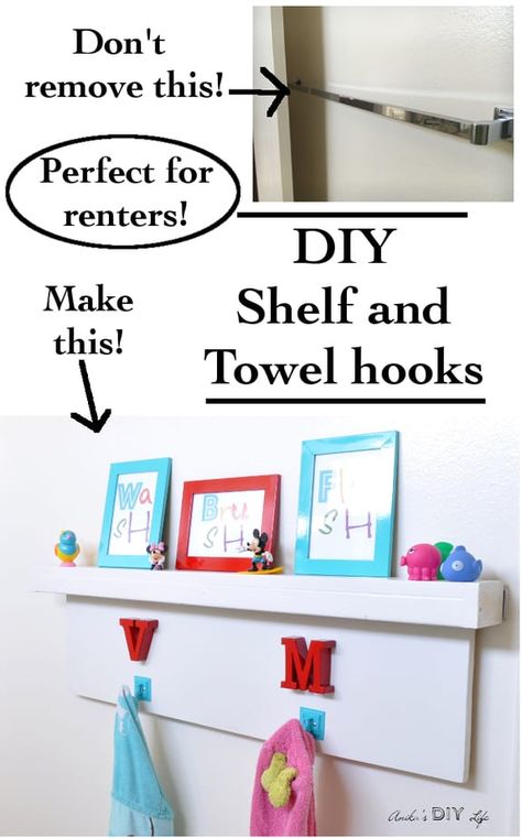 How to cover ugly rental bathroom towel rod/bar with a floating shelf + hooks Floating Shelves Kitchen Diy, Diy Towel Hooks, Floating Shelf With Hooks, Neat Organization, Rental Bathroom Makeover, Diy Floating Shelf, Decorate Bathroom, Beautiful Powder Rooms, Bathroom Simple