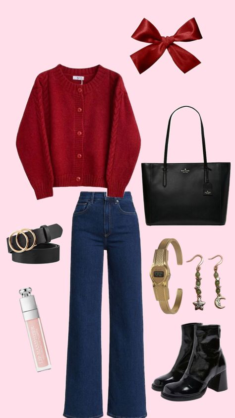 aesthetic it girl fall winter cute casual outfit cherry red Red Winter Outfits, Aesthetics Outfits, Cute Casual Outfit, Cherry Girl, Cute Winter Outfits, It Girl, Girl Falling, Cherry Red, Retro Outfits