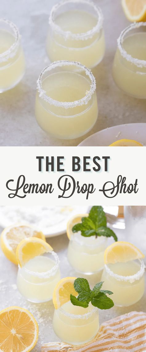 This lemon drop shot is a delicious and refreshing cocktail with just the right balance of sweetness, tartness, and smoothness. Similar to our lemon drop martini, this drink is made with a simple combination of lemon juice, vodka, and simple syrup. #lemondropshot Lemon Shots Alcohol, Lemon Drop Drink Vodka, Cocktails With Fresh Lemon Juice, Lemon Drop Shots Big Batch, Easy Lemon Drop Shots Recipe, Lemon Drop Drink Recipe, Lemon Drop Cocktail Recipe, How To Make A Lemon Drop, Lemon Drop With Tequila