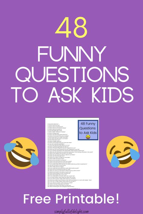 Bring some laughter to your day with these 48 Funny Questions to ask kids! Perfect for making memories and sharing a laugh with your child. Questions To Ask Your Kindergartener, 100 Questions To Ask Your Kids, Kids Interview Questions, Questions To Ask Kindergarteners, Questions For Grandkids, New Years Questions For Kids, Questions To Ask Grandchildren, Questions To Ask Your Grandkids, Questions To Ask Grandkids