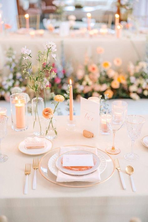 The 2024 Pantone Color of the Year: Peach Fuzz & Your Wedding Peach Table Centerpieces, Peach Bud Vases, Peach Table Setting, White Gold Pink Wedding, Peach Tablescape, Peaches Wedding, 2024 Pantone Color, Pastel Table Setting, Peach And Gold Wedding