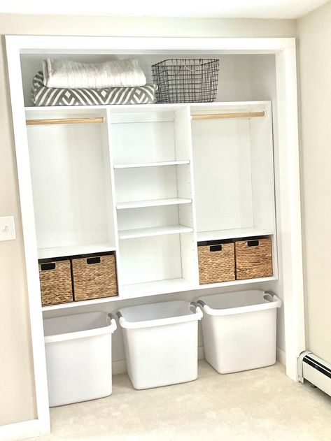 Closet Shelf Build, Kids Toy Storage In Bedroom, Kids Closet Storage Toys, Storage Closet Design Layout, Quick Closet Solutions, Kids Toy Storage In Closet, Closet Organization With Shoe Storage, Nursery Closet Toy Storage, Closet Storage For Kids