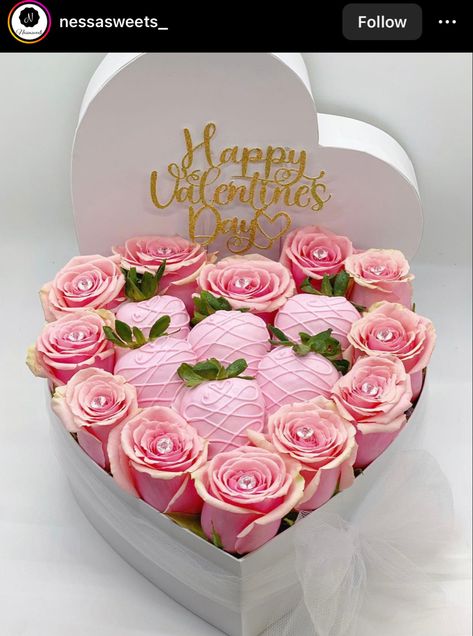 Floral Arrangement With Strawberries, Heart Box With Flowers And Chocolate, Flower And Strawberry Arrangement, Chocolate Covered Strawberries Bouquet With Roses, Strawberry Bouquet With Roses, Mothers Day Arrangements Strawberries, Heart Box Arrangement, Flower Gift Box Ideas, Chocolate Strawberries Bouquet