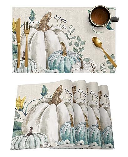 Fall Dining Table, Holiday Dining Table, Fall Placemats, Thanksgiving Placemats, Holiday Dinner Party, Harvest Thanksgiving, Green Pumpkin, Blue Pumpkins, Kitchen Dining Table