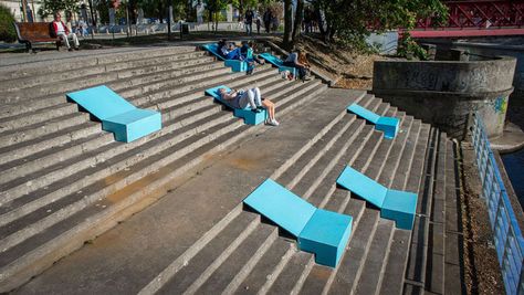 This Simple Colorful Seating Was Added To Make Sitting On Stairs Next To A River More Comfortable Temporary Architecture, Urban Intervention, Public Space Design, Concrete Stairs, Landscape Architecture Design, Urban Furniture, Street Furniture, Urban Spaces, Wroclaw