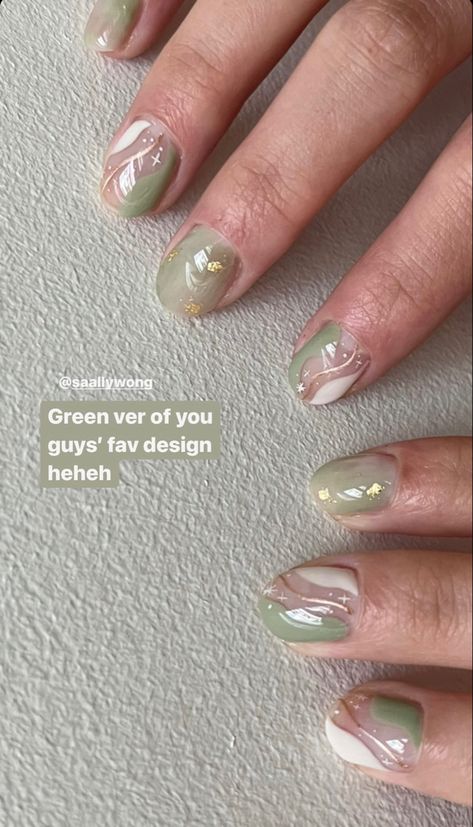 Square Sage Nails, Green Nails Korean Style, Sage Green Nails With Gold Flakes, Cute Sage Green Nails Short, Nail Art Green Sage, Nails Sage Green And White, Sage Green And Beige Nails, Sage Green And Silver Nails, Nail Art Hijau Sage