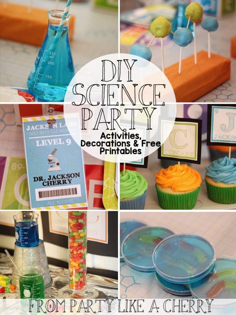 Coding Party Theme, Science Party Snack Ideas, Science Themed Food Ideas, Science Experiment Party Ideas, Science Food Party, Science Experiment Party Favors, Science Lab Party Decorations, Mad Science Party Food, Science Birthday Party Food Ideas