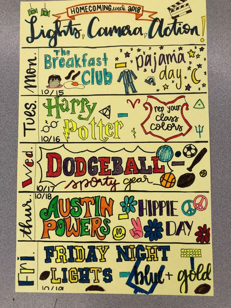 AGHS flyer for Homecoming 2018 celebrating movie genres. Student Council Activities, Pep Rally Themes, School Spirit Ideas Pep Rally, Spirit Week Themes, Spirit Day Ideas, High School Spirit, School Spirit Posters, Rally Idea, School Spirit Week