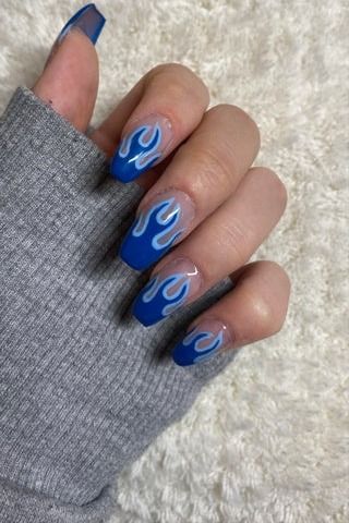 blue fire practice nails 🔥- 2022 Nails, blue nails. Blue Fire Nails Designs, Hades Nails Disney, Bright Blue Nail Designs, Nail Art Blue Electric, Blue Themed Nails, Blue Fire Nails, Hades Nails, Cobalt Blue Nails Designs, Electric Blue Nails Design