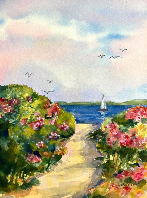 "\"Walk on the Beach Late Summer\" is an original watercolor not a print. It measures 10\" x 7\". It depicts a beach on Cape Cod, Ma. with full bloom beach roses in late summer. All of my watercolors are painted on 100% cotton acid free professional watercolor paper with  professional watercolor paints. It will ship FREE within 3-5 days USPS  after completed payment  See more of my original art @ etsy.com/shop/CarlottasArt" Sand Pipers On Beach Painting, Pretty Pictures To Paint, Cape Cod Watercolor, Watercolor Beach Scenes Easy, Cape Cod Prints, Water Colors Painting Landscaping, Beach Watercolor Art, Cape Cod Art, Watercolor Art Paintings Landscape