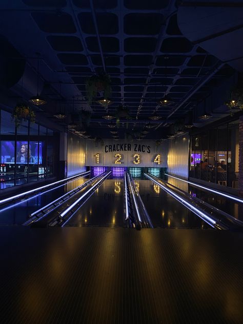 Bowling Area Design, Bowling Ally Aesthetic, Betting Aesthetic, Modern Bowling Alley, Bowling Alley Aesthetic, Bowling Alley Design, Bowling Room, Indoor Bowling Alley, Bowling Aesthetic