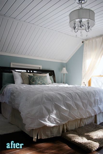 Bedroom Beadboard, Bedroom Ideas Slanted Ceiling, Bedroom With Slanted Ceiling, White Painted Wood Floors, Bedroom Attic Ideas, Sloped Ceiling Bedroom, Attic Bed, Light Wood Bed, Beadboard Paneling