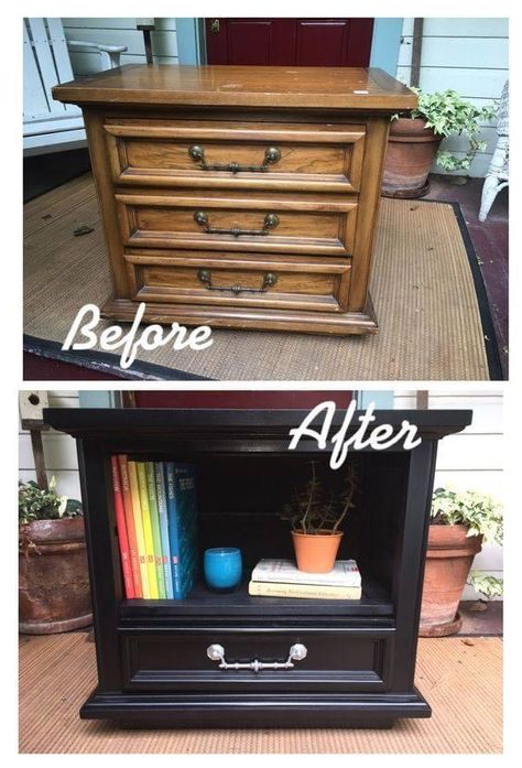 Nightstand Into Bookshelf, Restored Furniture Before And After, Redone Furniture Before And After, Furniture Restoration Before And After, Furniture Makeover Diy Before And After, Refurbished Furniture Before And After, Flipping Furniture Before After, Nightstand Refurbished, Bookshelf Refurbish Ideas