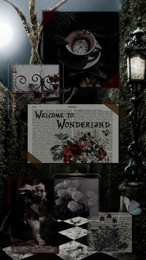 A collage with Alice in Wonderland themed images in an overall dark aesthetic Wonderland Dark Aesthetic, Alice In Wonderland Dark Aesthetic, Alice In Wonderland Dark, Quotes From Alice In Wonderland, Lewis Carroll Alice In Wonderland, Illustrated Quotes, Alice In Wonderland Artwork, Dark Alice In Wonderland, Wonderland Artwork