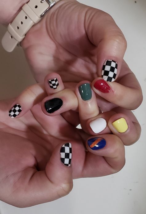 Race Nails Designs, Racing Nails Designs, Checkered Flag Nails, Race Day Nails, Race Nails, Nascar Nails, Racing Nails, London Flag, Race Flag