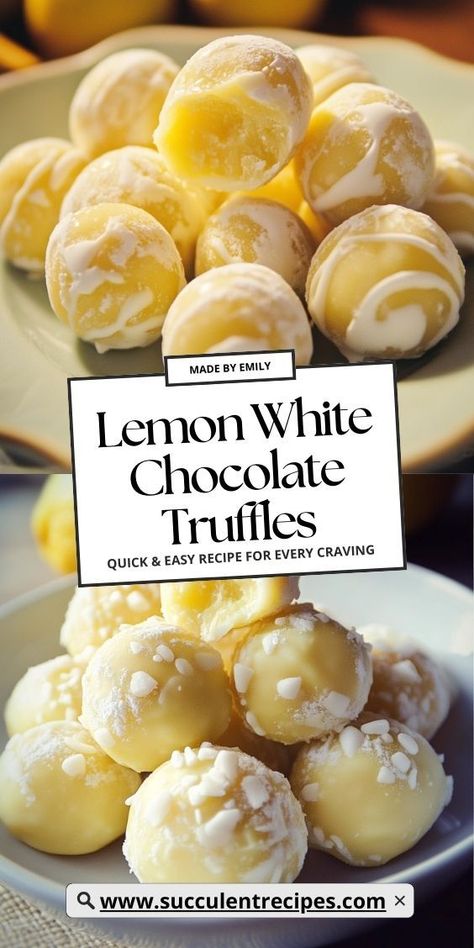 Treat yourself to Zesty Lemon White Chocolate Truffles! These bite-sized delights combine the smoothness of white chocolate with the brightness of lemon, perfect for sharing or enjoying on your own. White Chocolate Melts Recipes, White Colored Food, Easy White Chocolate Desserts, What To Make With White Chocolate, White Chocolate Lemon Truffles, White Chocolate Treats, White Chocolate Truffles Recipe, Recipes With White Chocolate, White Chocolate Recipes Desserts