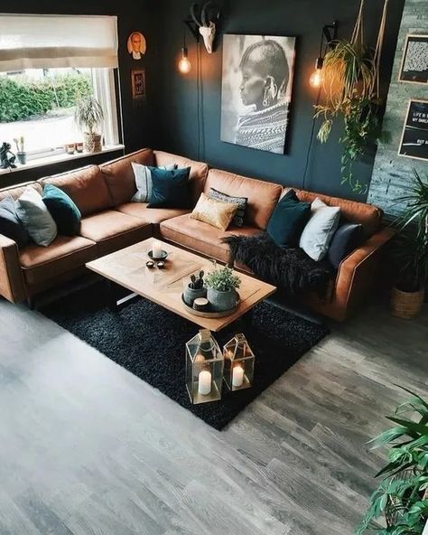 Modern Living Room Ideas Brown Couch, Couches Living Room Eclectic, Home Aesthetic Inspiration Living Room, Black Interior Walls Living Room, Ideas On How To Decorate My Living Room, Decadent Living Room, Den Vs Living Room, Industrial Earthy Living Room, Modern Rustic Style Living Rooms