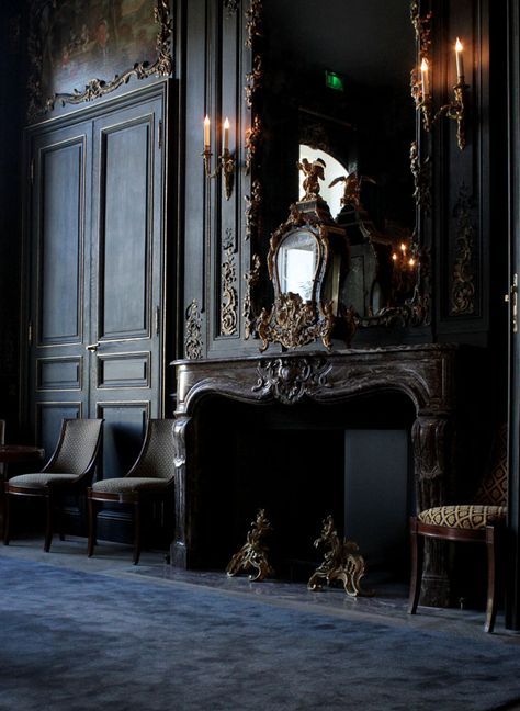 Costas Voyatzis, the Hôtel du Marc of Veuve Clicquot in Reims, France, 2011 Dark And Moody Interiors, A Dark Room, Moody Interiors, Slytherin Aesthetic, Mirror On The Wall, Dark Interiors, Gothic Decor, Gothic House, Dark Room