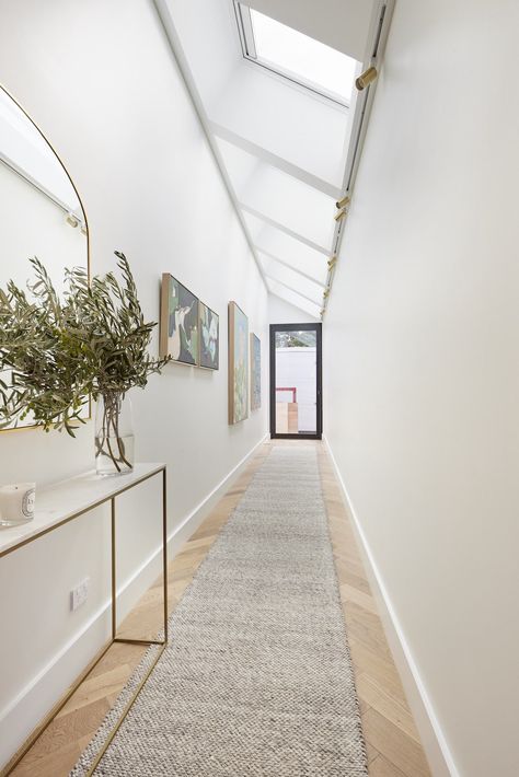 long hallway with hall runner and skylight Narrow Entry Hallway, Hallway Runners Ideas, Long Narrow Hallway Ideas, Long Narrow Hallway, Long Hallway Runner, Long Hall, Velux Skylights, Internal Glass Doors, Hall Runner Rugs