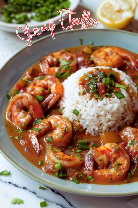 Get a taste of Louisiana with this Shrimp Étouffée recipe. It's simpler than you think to bring together juicy shrimp, a flavor-packed roux, and bold Southern spices. Your new favorite dinner is just a pot away! Black Southern Food, Shrimp Etouffee With Cream Of Mushroom, Joanna Gaines Shrimp Boil Recipe, Shrimp Eutofee Recipe, Quick Dishes Easy Dinners, Louisiana Ettouffe Recipe, Cajun Shrimp Etouffee, Shrimp Sauce Piquant Recipe, Shrimp Effoute Recipe