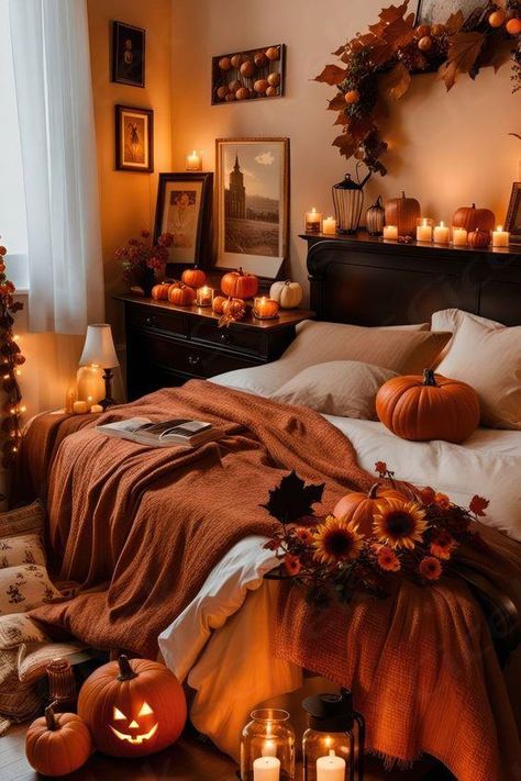 It is the season. Post a picture of your indoor or outdoor decorations for Halloween. Spooky Halloween Room Decor, Thanksgiving Bedroom Decor, Samhain Decor, Autumn Interiors, September Decor, Halloween Themed Bedroom, Halloween Ambiance, Haunted Village, Autumn Bedroom