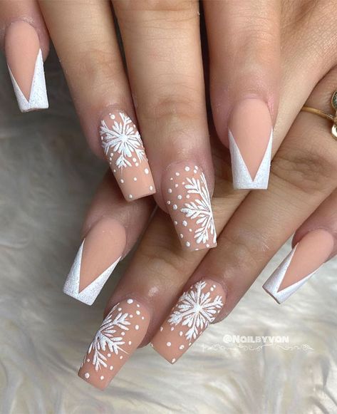 3. Nude Winter Nails If you are insisted to wear nude in winter, we have a pretty nude winter nails look that you could... French Nails With Christmas Design, Christmas Nails Nude Colors, French Tip Acrylic Nails Christmas, Nail Christmas Designs, Acrylic Nails For Christmas, Christmas Acrylic Nails Holiday, French Tip Christmas Nail Ideas, French Nails Christmas, Winter French Tip Nails