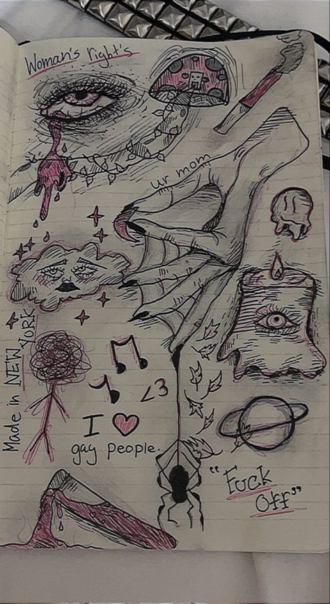 Journal Sketches Doodles, Doodling Ideas Aesthetic, Collage Drawing Ideas, Grunge Sketches, Pink Pen, Scary Drawings, Drawing Love, Character Artist, Drawings Ideas