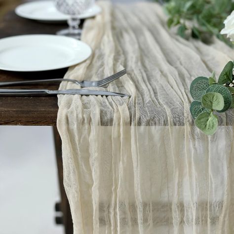 10FT Cream Cheesecloth Table Runner, Gauze Fabric Boho Wedding Arbor Decor | TableclothsFactory Arbor Decor, Cheesecloth Table Runner, Wedding Arbor, Boho Table Runner, Wedding Arch Rustic, Boho Table, Wedding Tablecloths, Cotton Wedding, Wedding Arbour