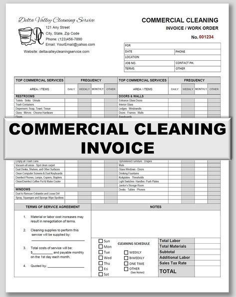 "You will enjoy using this Commercial Cleaning Invoice or Work Order designed by one of my wonderful Etsy clients! Designed by a professional cleaning specialist for professional use: You will find it simple and easy to use, meeting the daily needs of your top-quality commercial cleaning service. Focused on office cleaning: This Microsoft WORD (and PDF) template features an \"Offices\" and \"Windows\" category along with the regular, commercial cleaning list. Personalize the letterhead and fill Cleaning Service Supply List, Cleaning Like A Professional, Commercial Cleaning Services Prices, Commercial Cleaning Business Price List, Commercial Cleaning Business Pricing, House Cleaning Services Prices, Cleaning Pictures For Business, House Cleaning Business Pricing, Cleaning Advertising Ideas