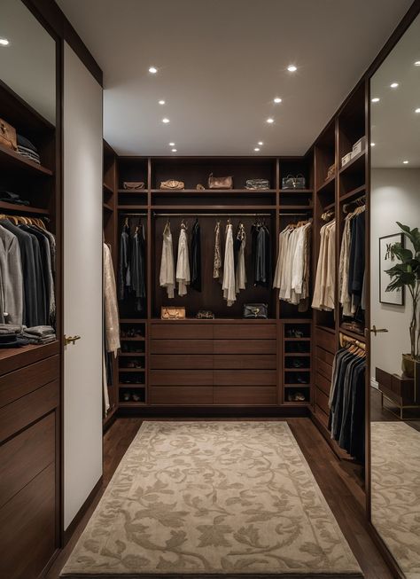 Step into sophistication with this impeccably designed walk-in closet! Featuring rich brown furniture that contrasts beautifully against crisp white walls, this space is both functional and stylish. A plush beige rug adds warmth, making it the perfect retreat to showcase your fashion collection. From tailored suits to casual wear, this closet elevates organization to an art form. Pin this for your dream closet makeover! #MensFashion #WalkInCloset #InteriorDesignGoals Brown Closet Aesthetic, Vintage Closet Room, Brown Dressing Room, Brown Closet Bedroom, Brown Walk In Closet, Dark Wood Closet, Walk In Closet Inspiration, Primary Closet, Dark Wood Bedroom