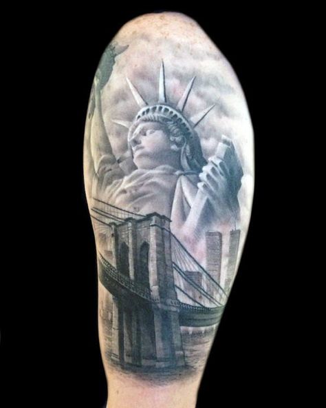 Statue Of Liberty With Brooklyn Bridge Mens Half Sleeve Tattoos Brooklyn Tattoo Ideas, Brooklyn 99 Tattoo, Brooklyn Bridge Tattoo, Nyc Tattoo Ideas, Statue Of Liberty Tattoo, Bridge Tattoo, Liberty Tattoo, Pencil Tattoo, Brooklyn Tattoo