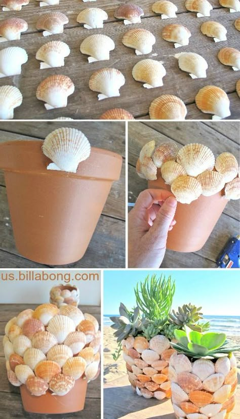 Terra Cotta Pot Makeover with Scallop Shells: http://www.completely-coastal.com/2010/07/scallop-shell-pot.html Crafts With Scallop Shells, Pot Makeover, Brazil Party, Seaglass Ideas, Shell Pot, Scallop Shell Craft, Diy Terra Cotta Pots, Shells Craft, Beachy Crafts