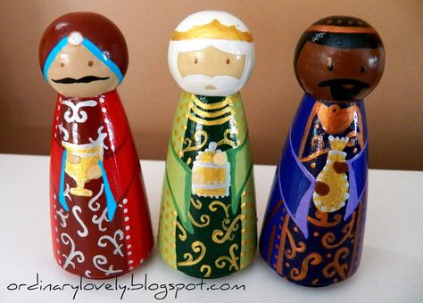 I finished my first ever peg doll painting project!  I've always admired the sweet little figures on Etsy and at craft fairs, and in fact w... Three Wise Men Craft, Nativity Diy, Peg Doll Nativity, Nativity Peg Doll, 3 Wise Men, Diy Nativity, Wood Peg Dolls, Nativity Sets, Peg People