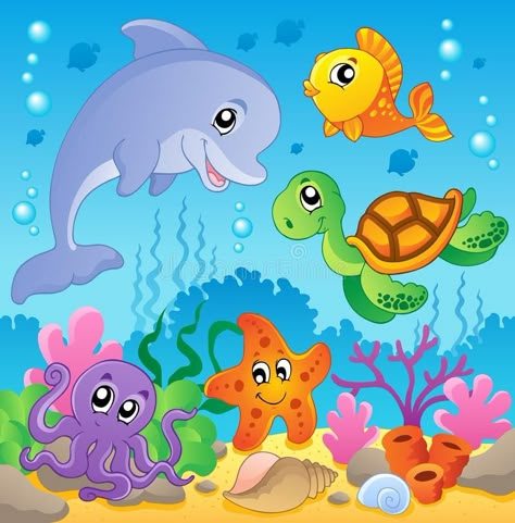 School Wall Decoration, Cartoon Sea Animals, Underwater Scene, School Wall Art, School Murals, School Painting, Cartoon Fish, Sea Theme, Art Drawings For Kids