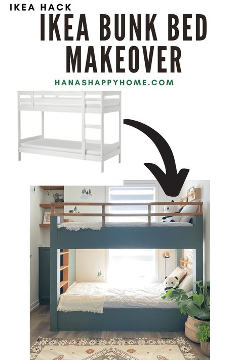 Bunk Bed Window Wall, Build In Loft Bed, Upper Bunk Bed Storage Ideas, Two Beds Small Room, Ikea Mydal Bunk Bed Hack, Ikea Mydal Bunk Bed, Bunk Bed Makeover, Mydal Bunk Bed, Ikea Bunk Bed Hack