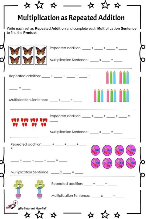 An independent practice sheet to introduce multiplication as repeated addition. Multiplication As Repeated Addition, Repeated Addition Worksheets, Repeated Addition Multiplication, Repeated Addition, Multiplication Problems, Multiplication Worksheets, Addition Worksheets, Skip Counting, Medical Terminology