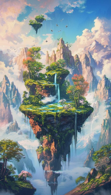 Floating Island Fantasy Art, Floating Island Painting, Floating Island Art, Magical World Art, Island Digital Art, Magic Digital Art, Floating Land, Enchanted Waterfall, Landscape Waterfall