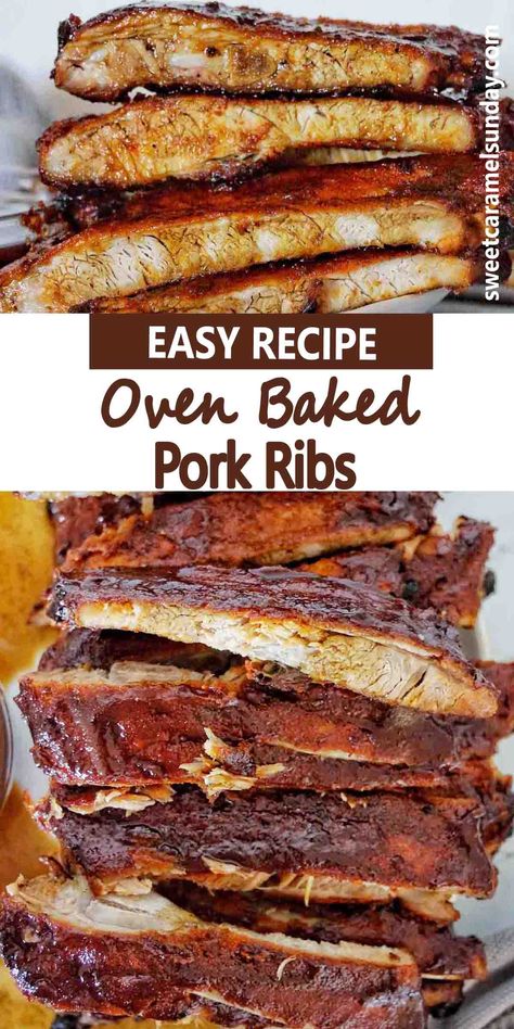 Oven baked pork ribs covered in sauce stacked on a white plate. Text is written between 2 images. Oven Baked Pork Ribs, Oven Pork Ribs, Ribs Recipe Oven, Bbq Ribs Recipe, Pork Rib Roast, Sticky Ribs, Baked Pork Ribs, Baked Bbq Ribs, Ribs In The Oven